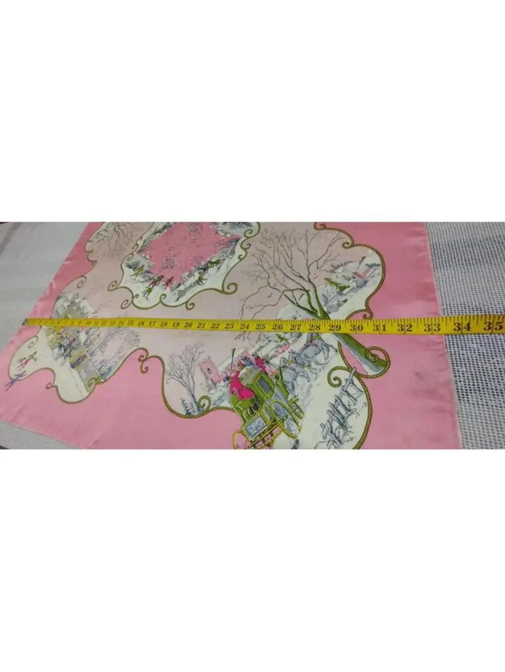 40s 50s Silk Pink Scarf CHRISTMAS WINTER SCENES Victorian Carriage Chartreuse